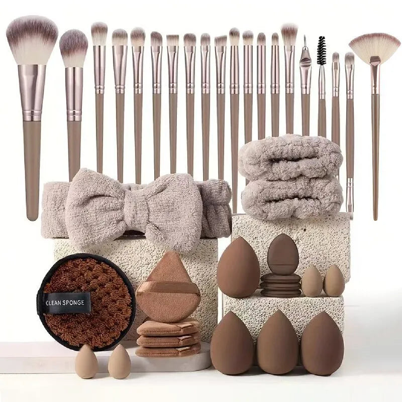 Beauty tool set with hydrophilic non-latex sponges in brown, pink and purple colour options