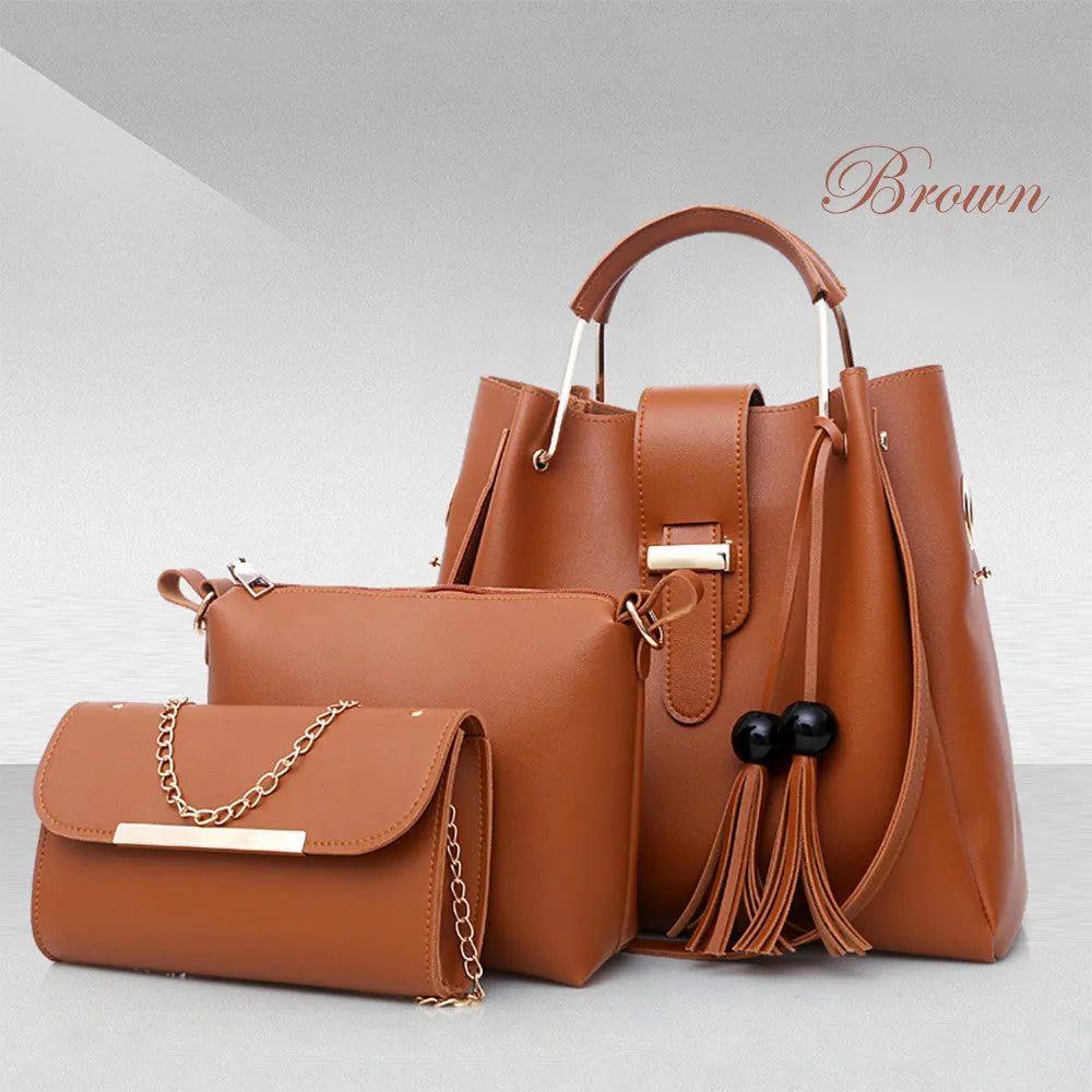 Women's 3 piece PU leather handbag set with shoulder bag, crossbody bag, and tote with tassel and metal handle