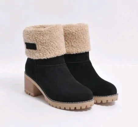 Women's suede mid-calf snow boots with a thick low heel and round toe in various colours.