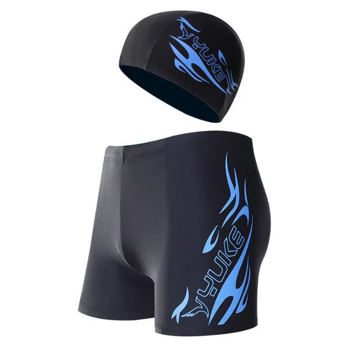 Men's plus size boxer swimming trunks with fire pattern design and coordinating swimming cap