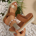 Gold metallic wedge sandals for women with PU upper and rubber sole