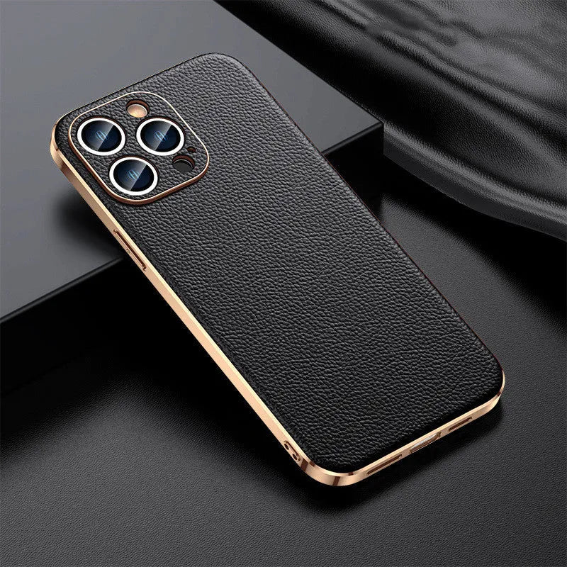 Genuine leather back cover for iPhone 13 in Elegant Black with camera cutout
