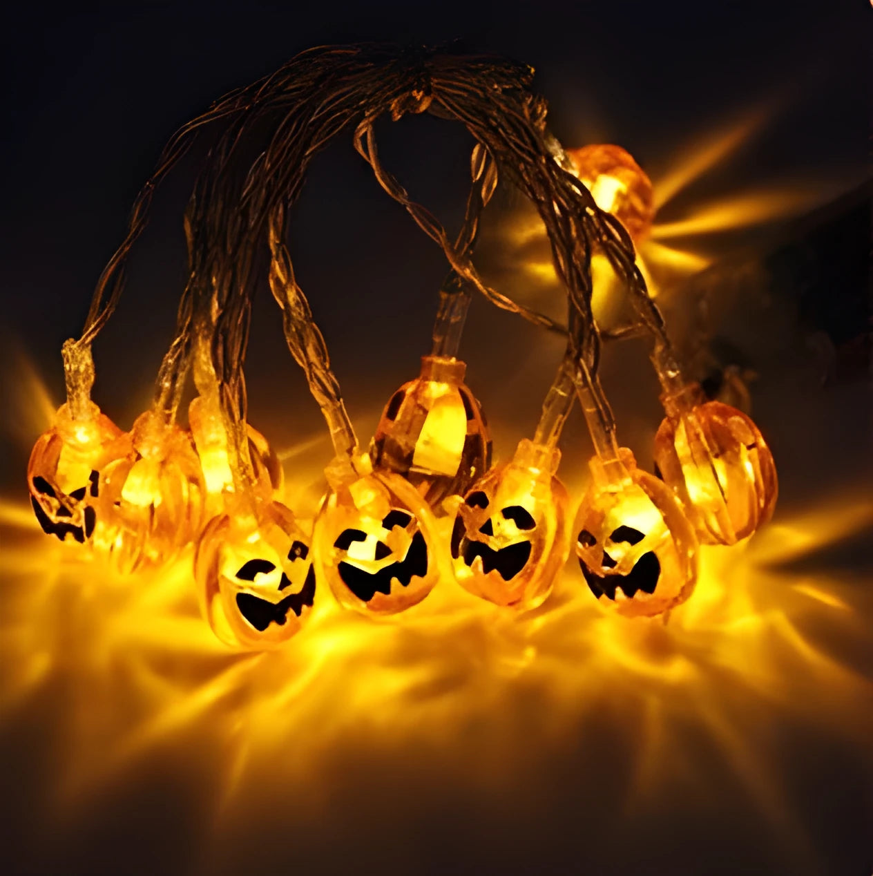 Halloween LED string lights with pumpkin bat ghost spider pendants on 1.2m white cord