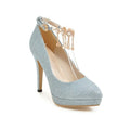 Women's solid colour platform high heel with stiletto heel and pointed toe in blue, pink, gold, or silver.