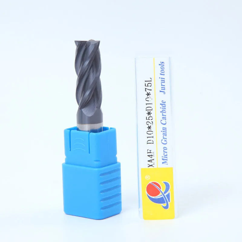 Carbide milling cutter with straight shank and spiral cutting edge showing 4-slot design
