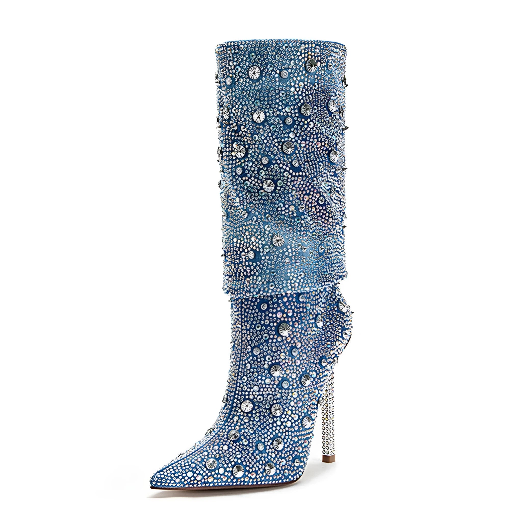 Women's blue denim pointed toe heel boots with stretchy fit on a plain background