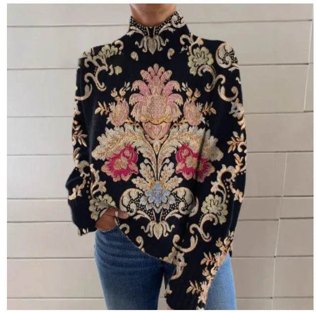 Black long sleeve turtleneck sweater with a raised 3D geometric pattern, shown on a model with a loose fit.