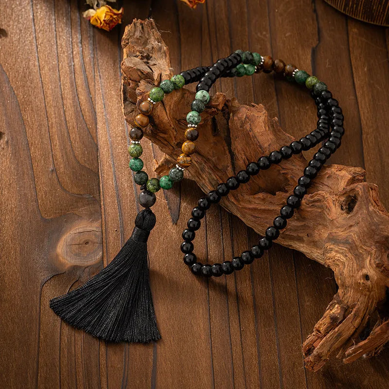 Vintage tassel bohemian beaded chain necklace and matching bracelet in natural stone with electroplated finish