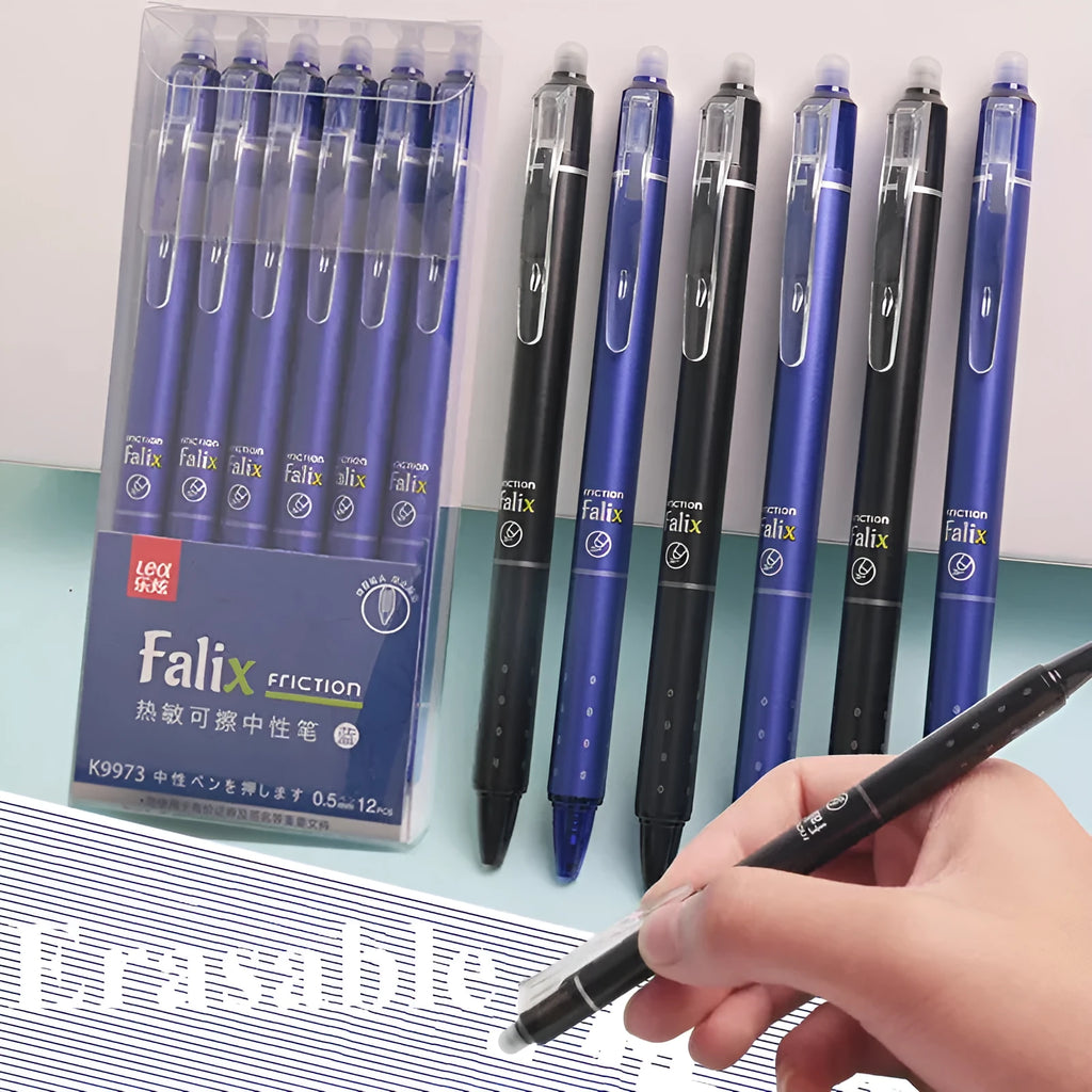 Hot erasable push gel pen with 0.5mm tip, plastic body, shown in blue or black ink for school use.