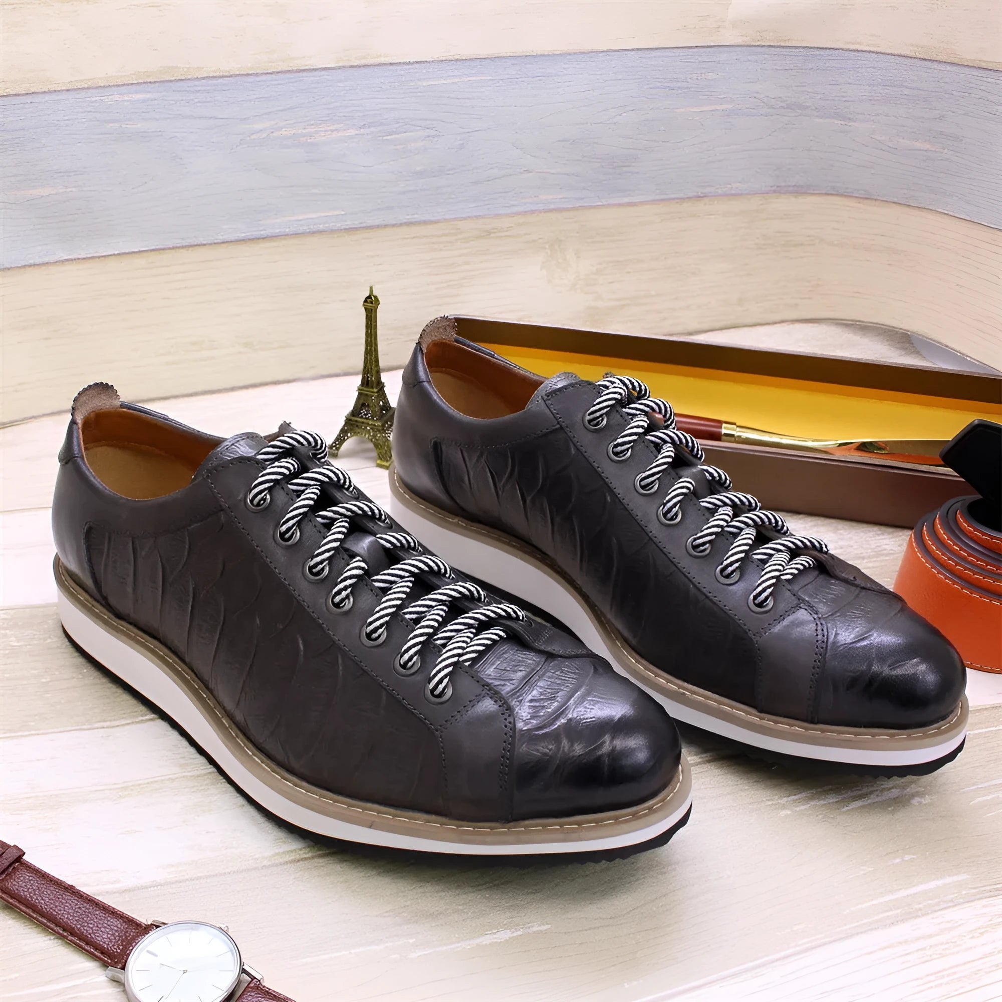 Men's handmade embossed pattern low-top casual shoes in green with front tie laces.