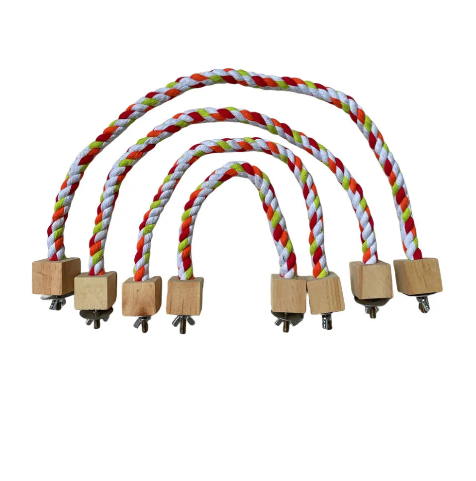 Parrot climbing rope toy with swing rings in wooden material on white background