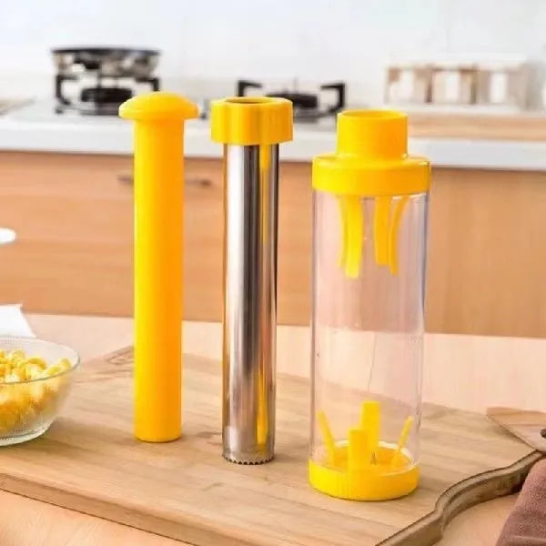 Yellow cylindrical corn stripper tool with ABS plastic and stainless steel construction for threshing corn kernels
