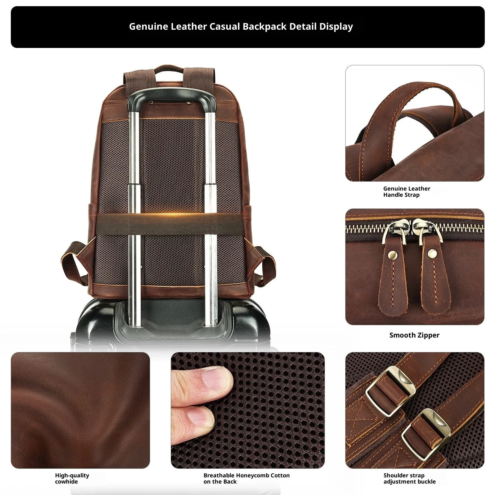 Men's genuine leather backpack in black, first layer cowhide, with a top handle and zipped main compartment