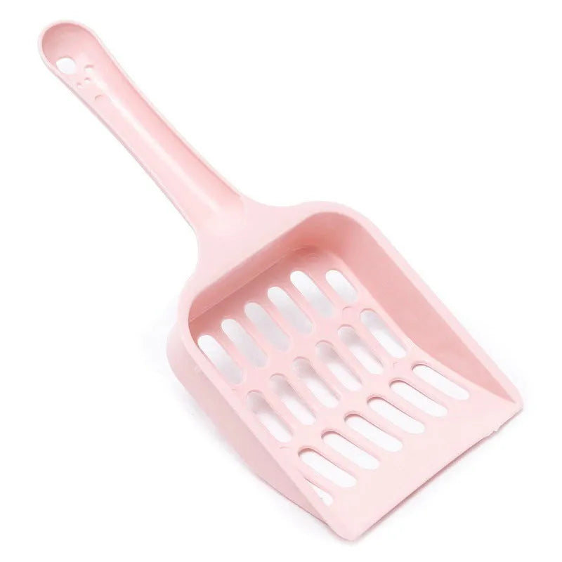 Blue plastic cat litter scoop with a long handle and perforated sifting head on a white background.