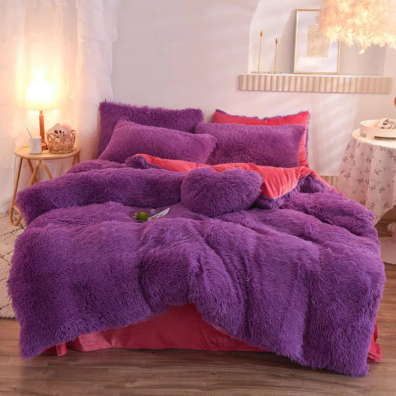 Soft plush mink velvet duvet cover set with pillowcases in beige colour for winter warmth
