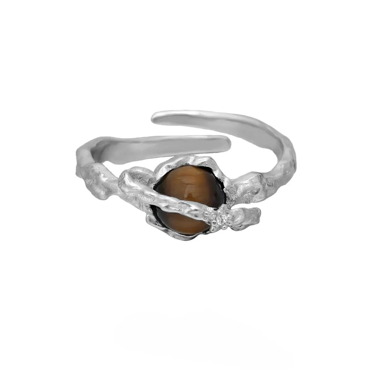 Adjustable opening Saturn ring in white gold colour electroplated silver with tigereye design