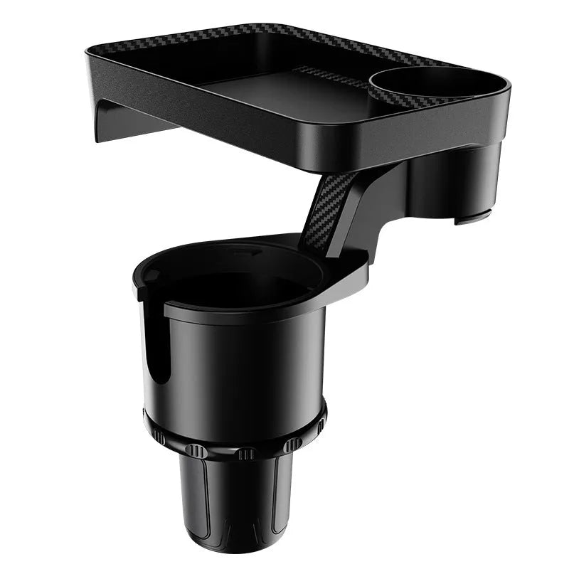 Black ABS plastic car-mounted rotating dinner tray holder installed in vehicle cup holder