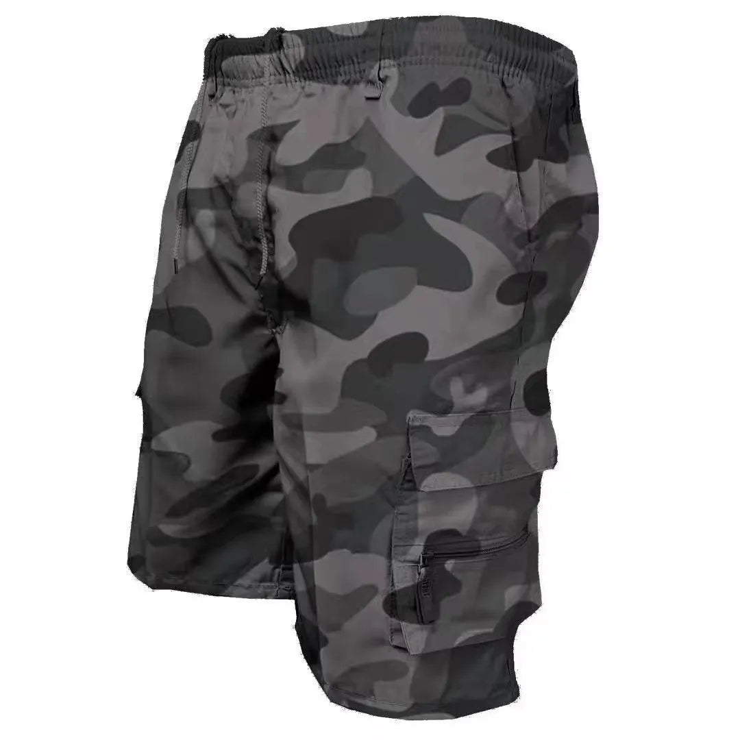 Men's khaki cotton casual shorts with multiple pockets and a drawstring waistband.