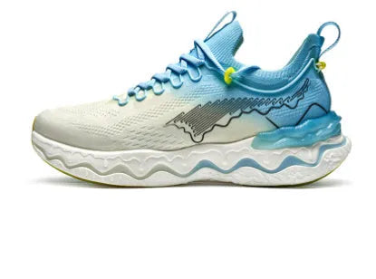 Women's cushioned running shoes with thick rubber soles in a no-lace design on a neutral background.