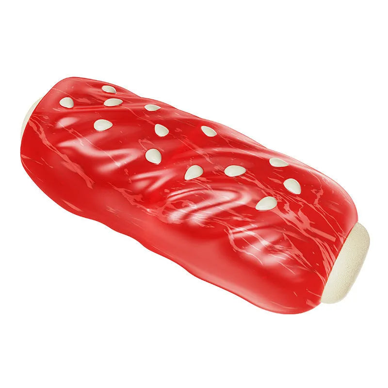 Primary colour plastic molar-shaped dog chew toy with textured ridges and hollow treat-dispensing centre