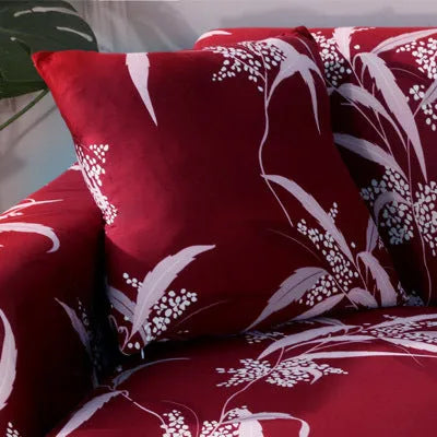 Geometric print polyester sofa slipcover stretched over sofa with matching pillowcase