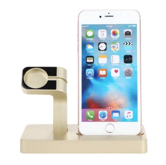 White 2-in-1 charging dock holding an iPhone and an Apple Watch on a wooden desk.