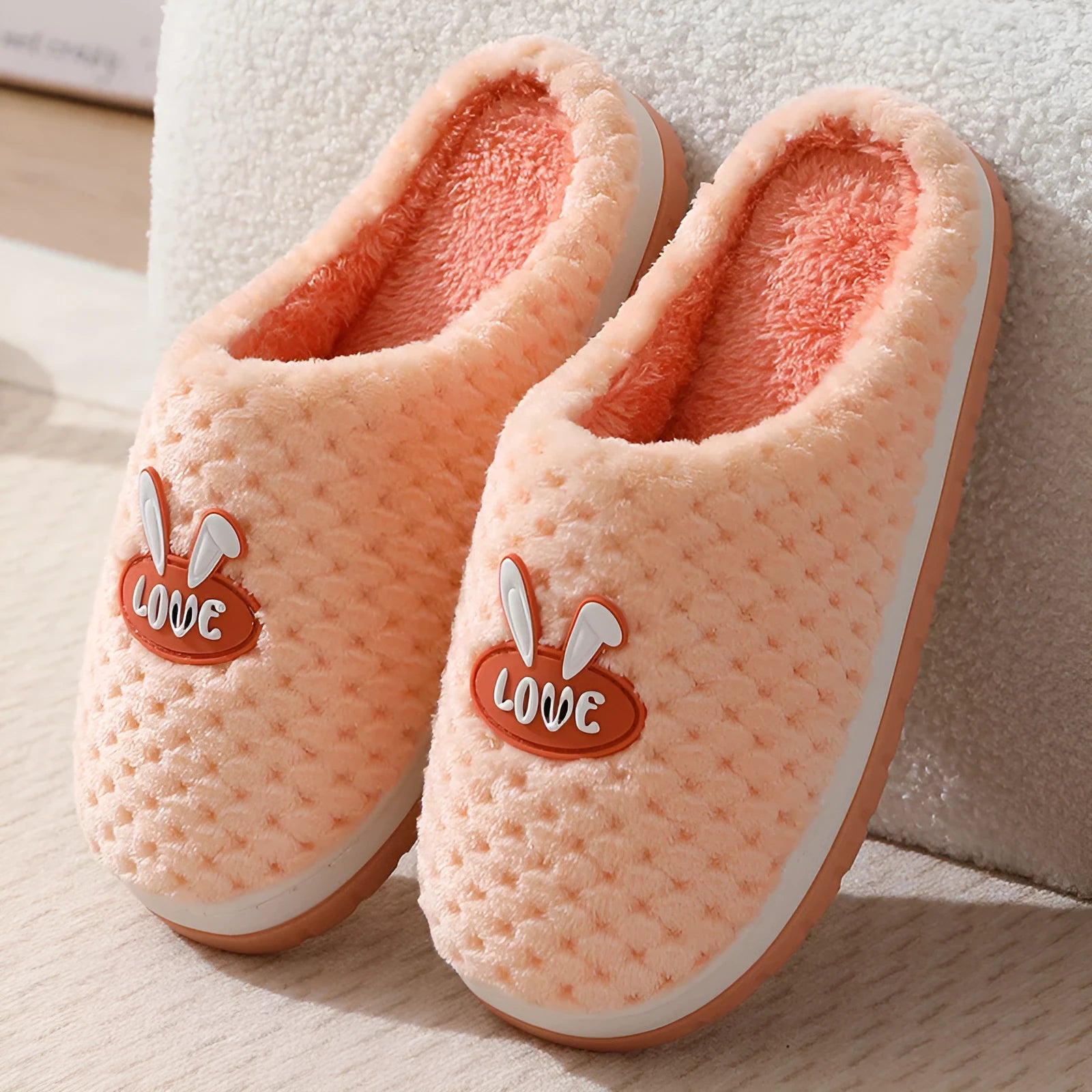 Women's plaid rabbit design artificial fur house slippers with thick rubber soles