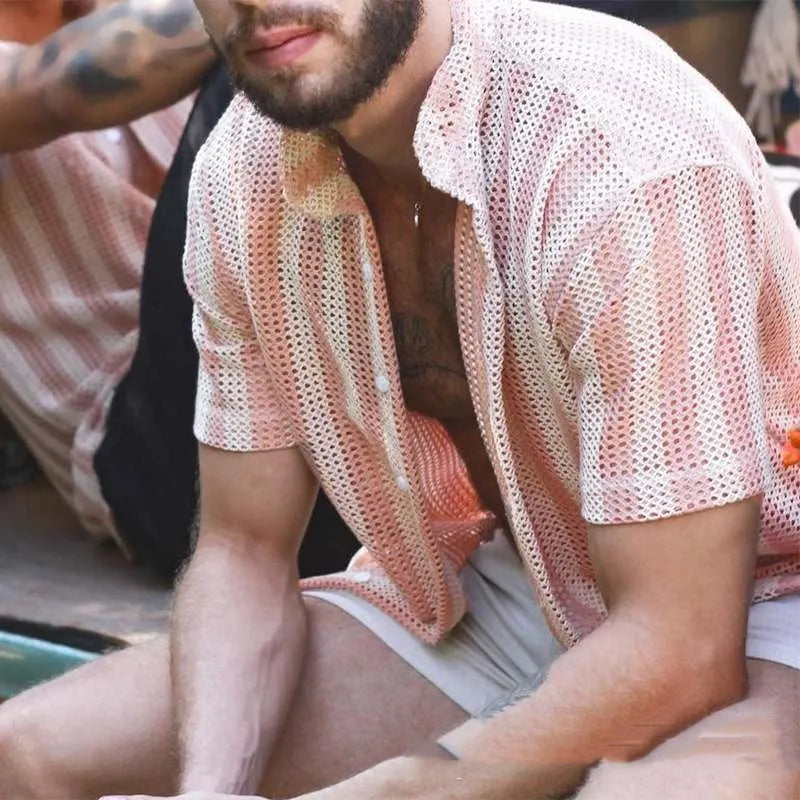 Pink men's loose-fit cardigan shirt with waffle texture and short sleeves