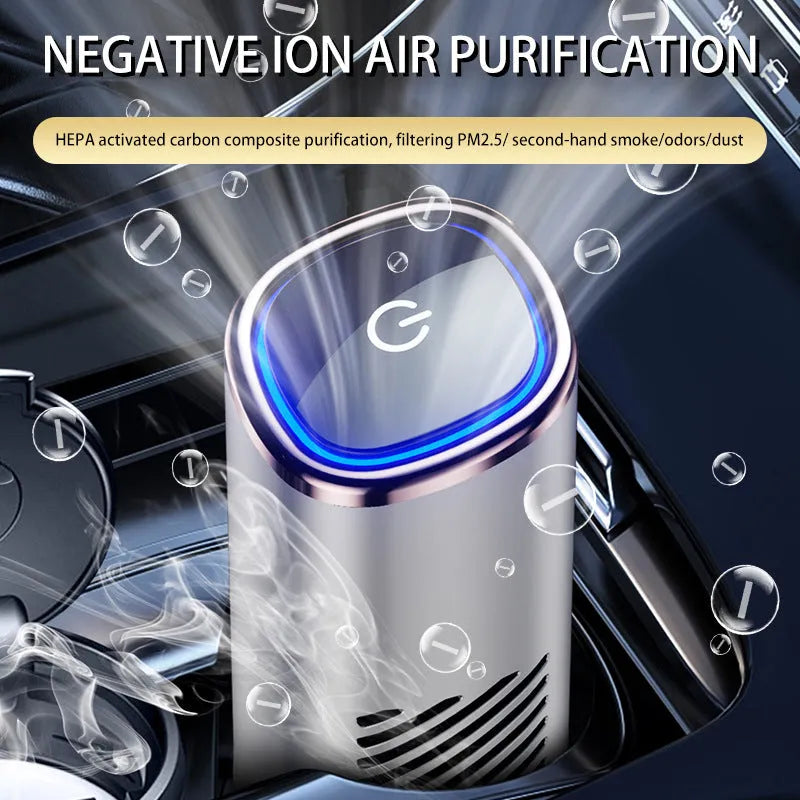 Mini portable car air purifier with anion technology, USB power, in silver, placed on a car dashboard for odour and smoke removal