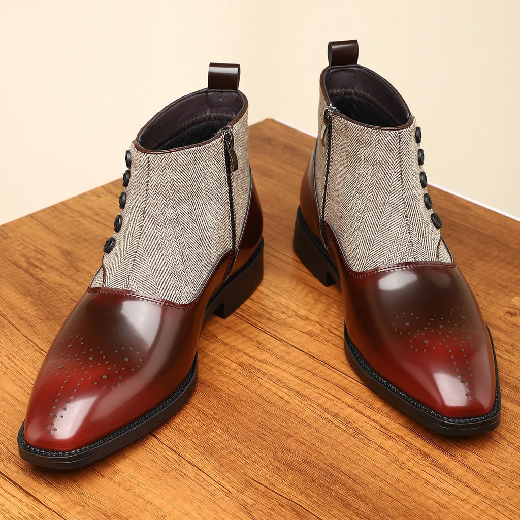 Men's brown British retro formal shoes with side zipper and square toe