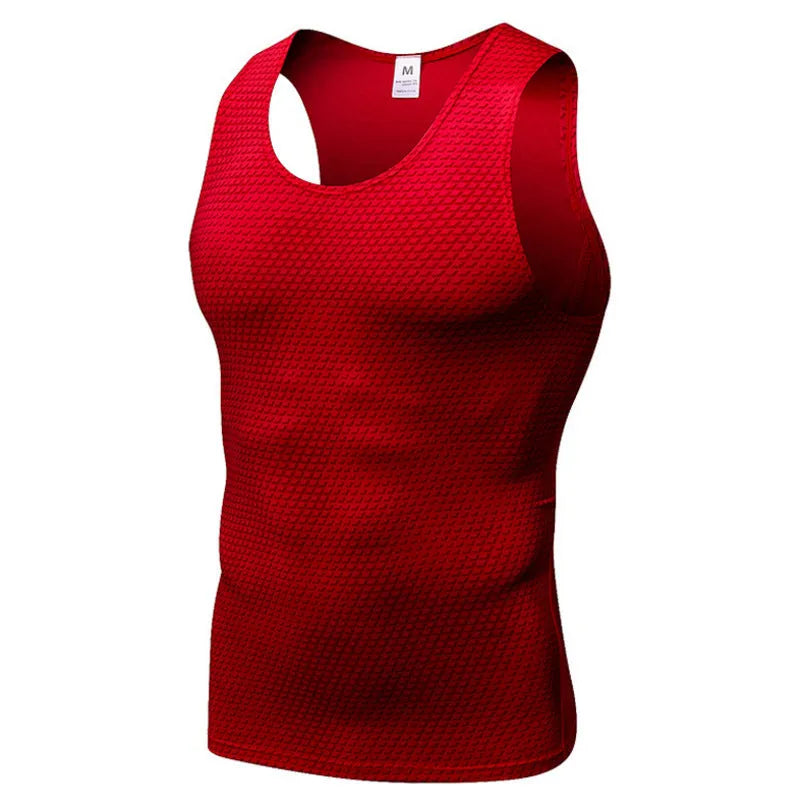 Men's polyester sports vest in black, front view, showing sleeveless design and athletic fit