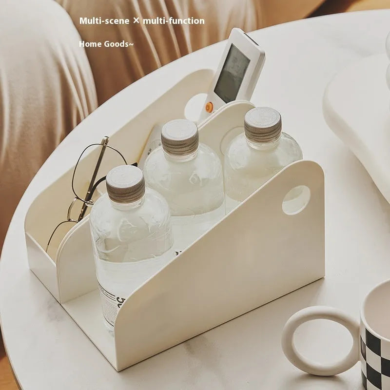 Milk Coffee coloured plastic desktop storage box with two internal grids for documents.
