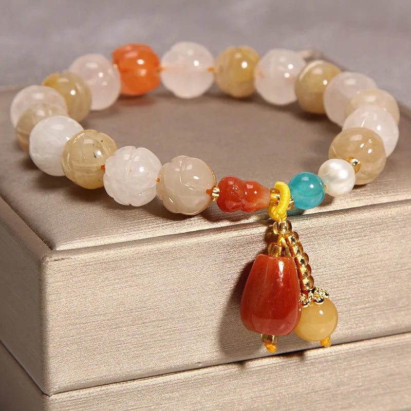 Women's yellow agate and crystal bracelet on gold silk thread in khaki colour