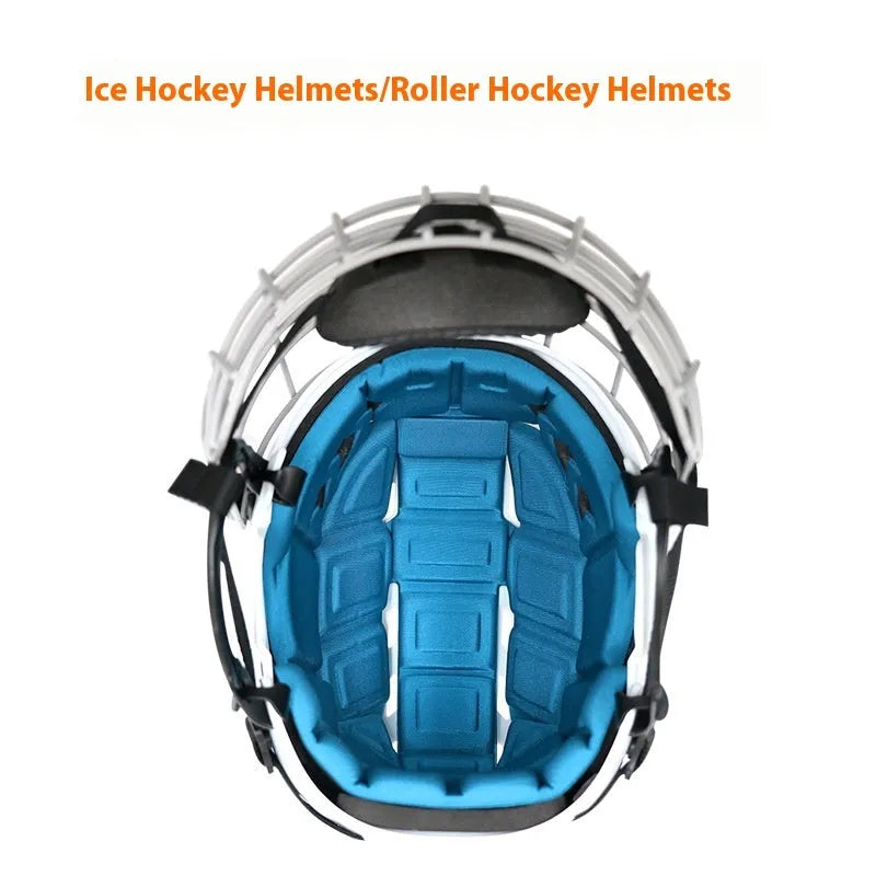Ice hockey helmet with carbon steel face mask on a white background, showing sizes S, M, L, XL.