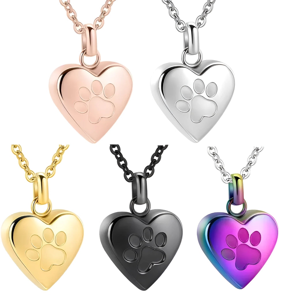 Simple titanium steel heart pendant necklace with love paw print, shown in different colours.