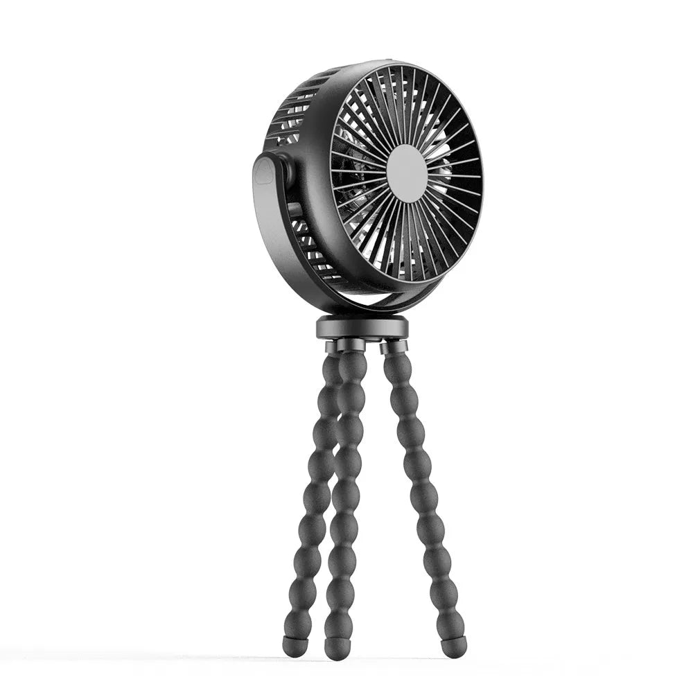 HOMEFISH F2 automatic shake head handheld fan with LED light and removable bracket on a table.