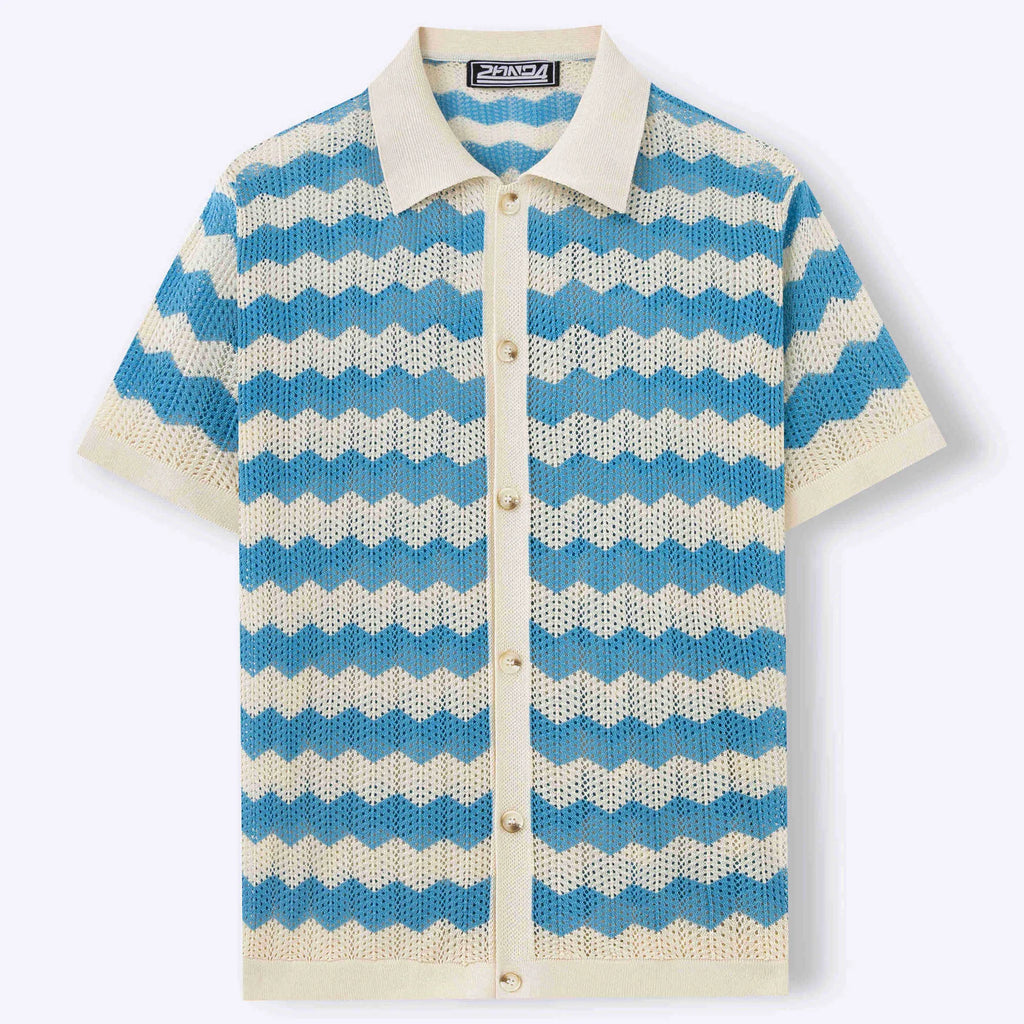 Blue hollow jacquard corrugated short-sleeved sweater with flocking detail