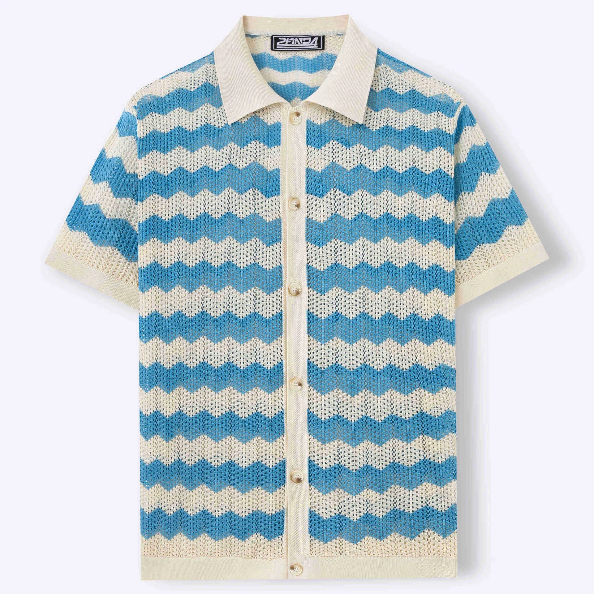 Blue hollow jacquard corrugated short-sleeved sweater with flocking detail