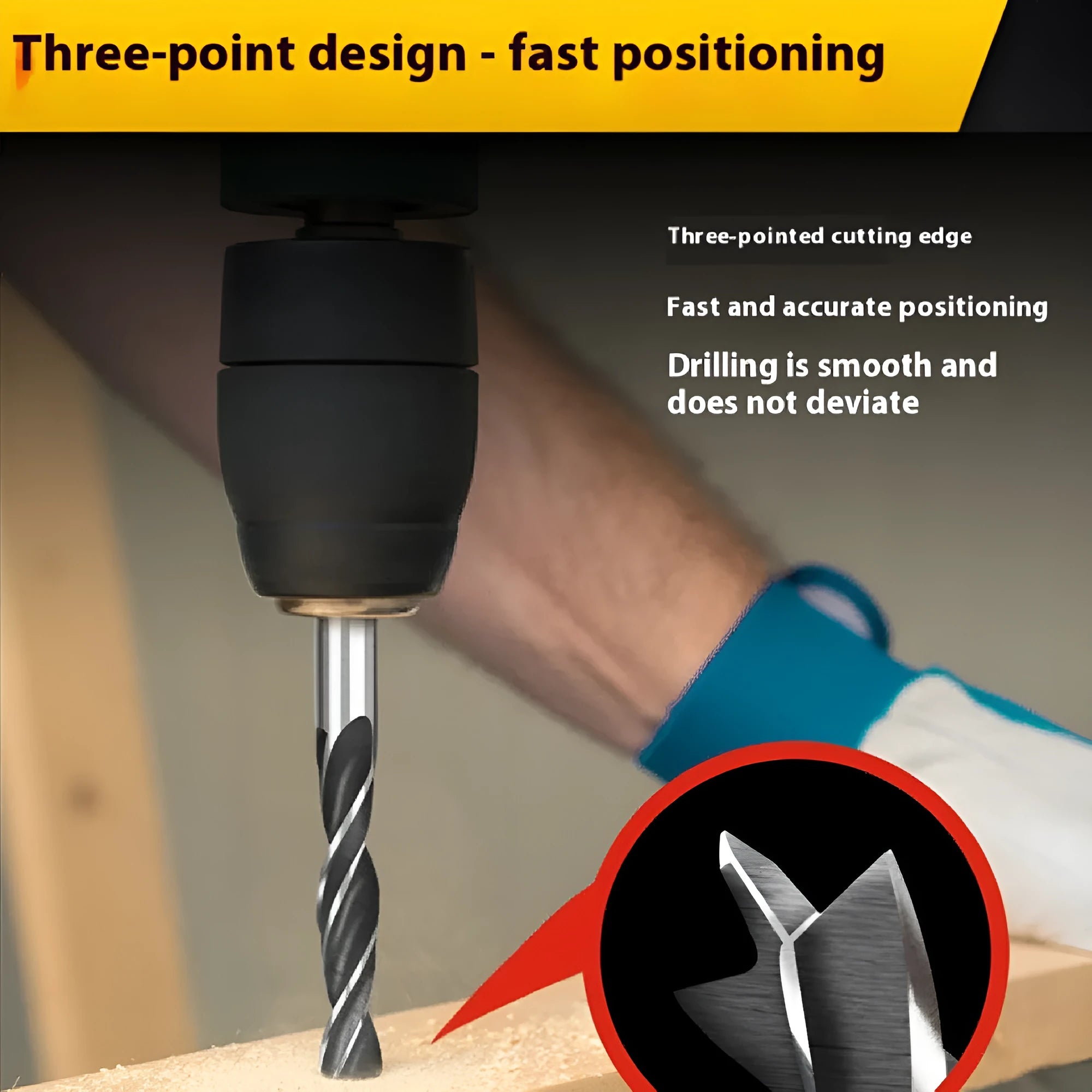 Set of five steel woodworking twist drill bits with hexagonal handles placed on a surface