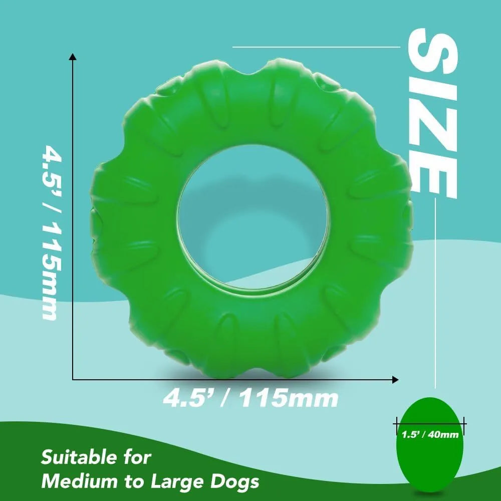 Blue rubber tire-shaped dog chew toy with oval openings, shown as a puzzle feeder for medium to large dogs.