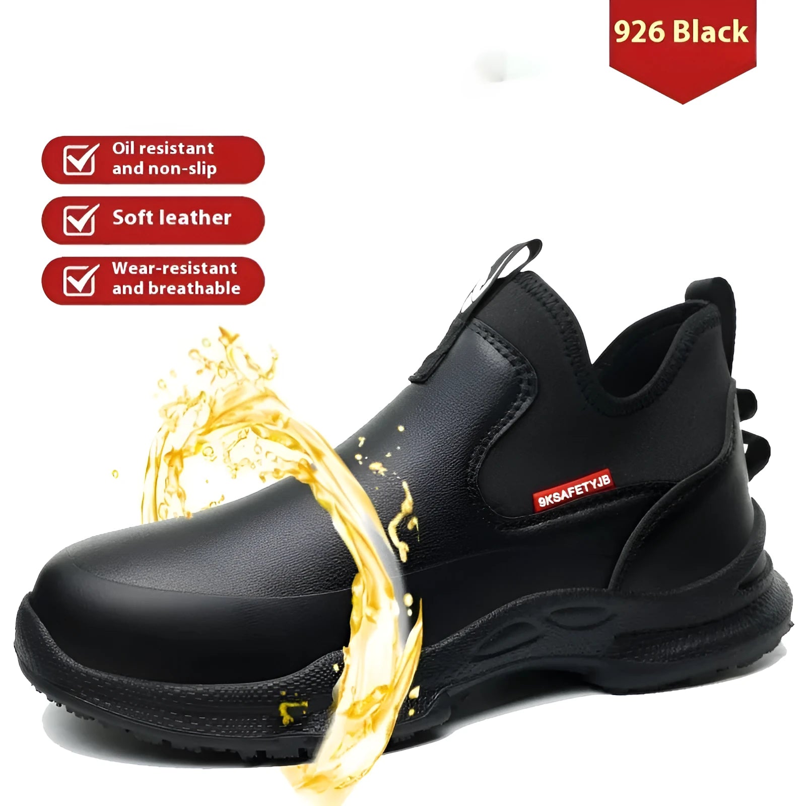 Men's black waterproof work shoes with high-cut design and anti-slip rubber soles for kitchen and industrial use