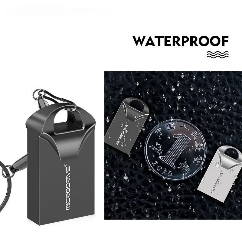 Mini high-speed metal USB flash drive in black or silver, showing compact 23x12x8mm size
