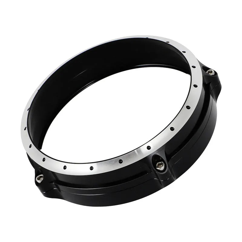 Black CNC aluminium headlight cover protective frame for BMW R NineT Scrambler motorcycle.