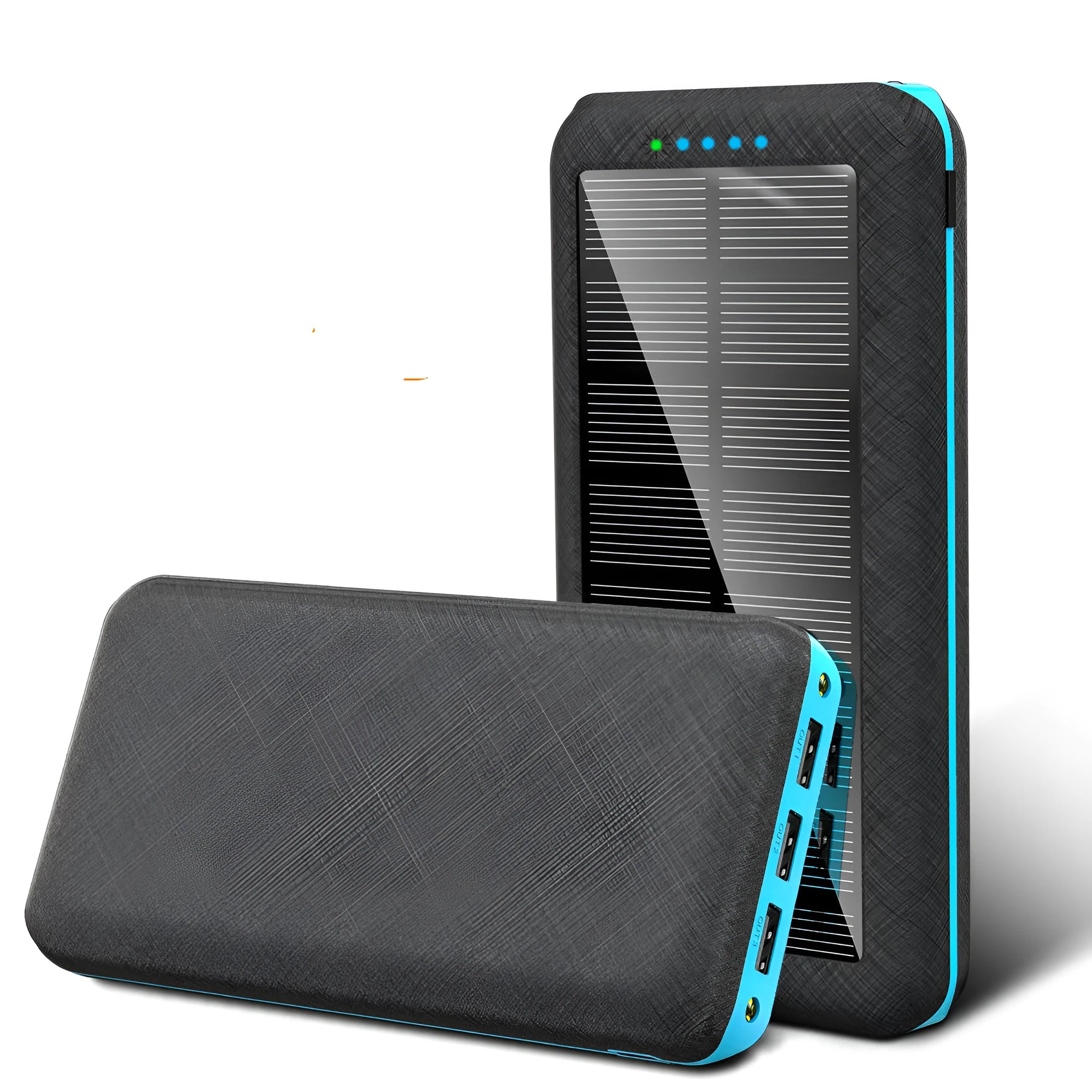 Black portable power bank with wireless charging pad on top, three USB ports, and an LED flashlight.