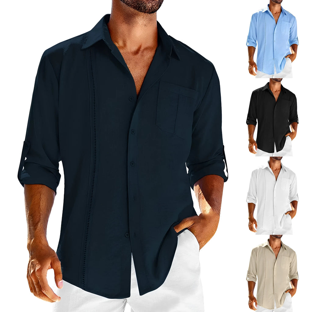Mens long sleeve casual shirt with lace polo collar and chest pocket in solid colour