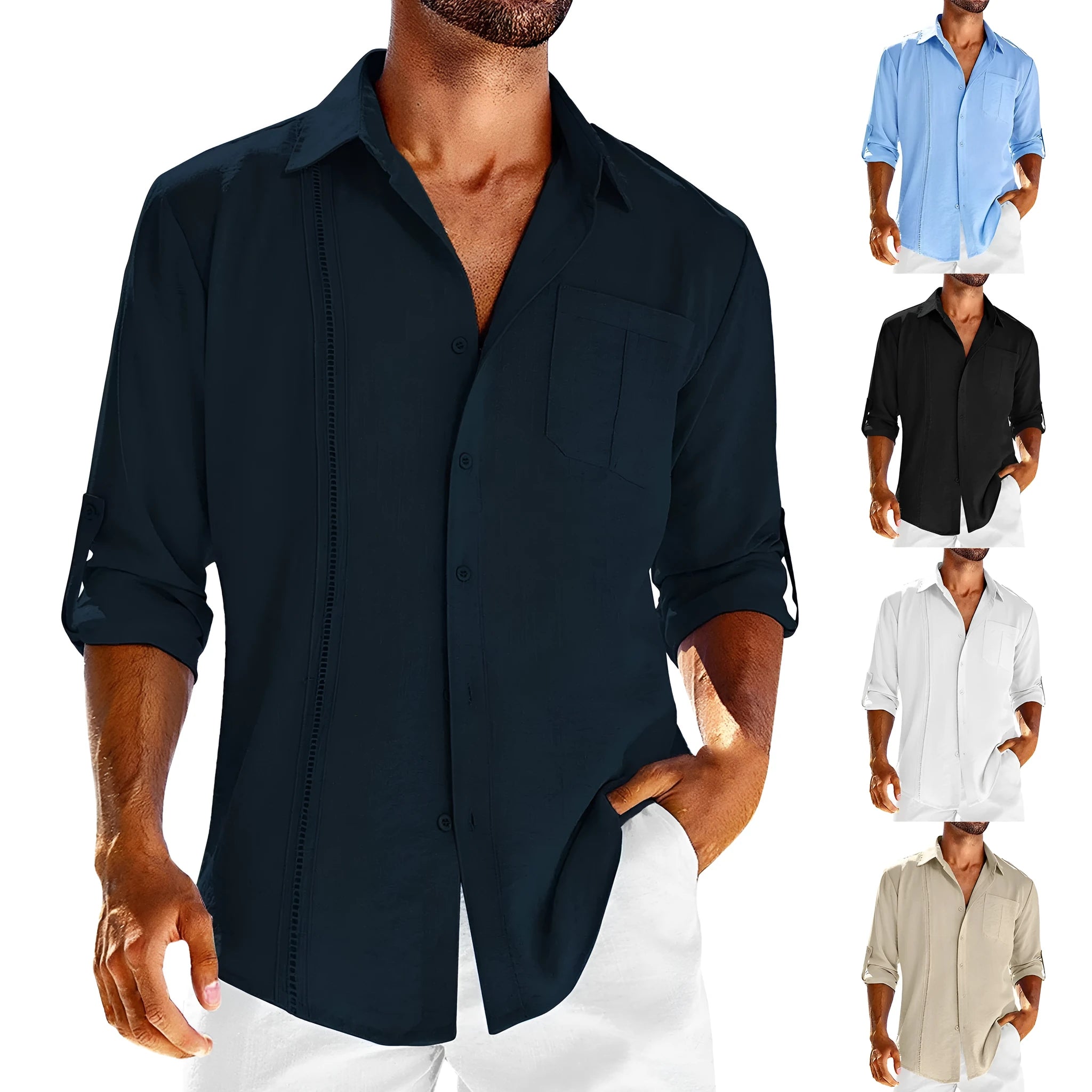 Mens long sleeve casual shirt with lace polo collar and chest pocket in solid colour