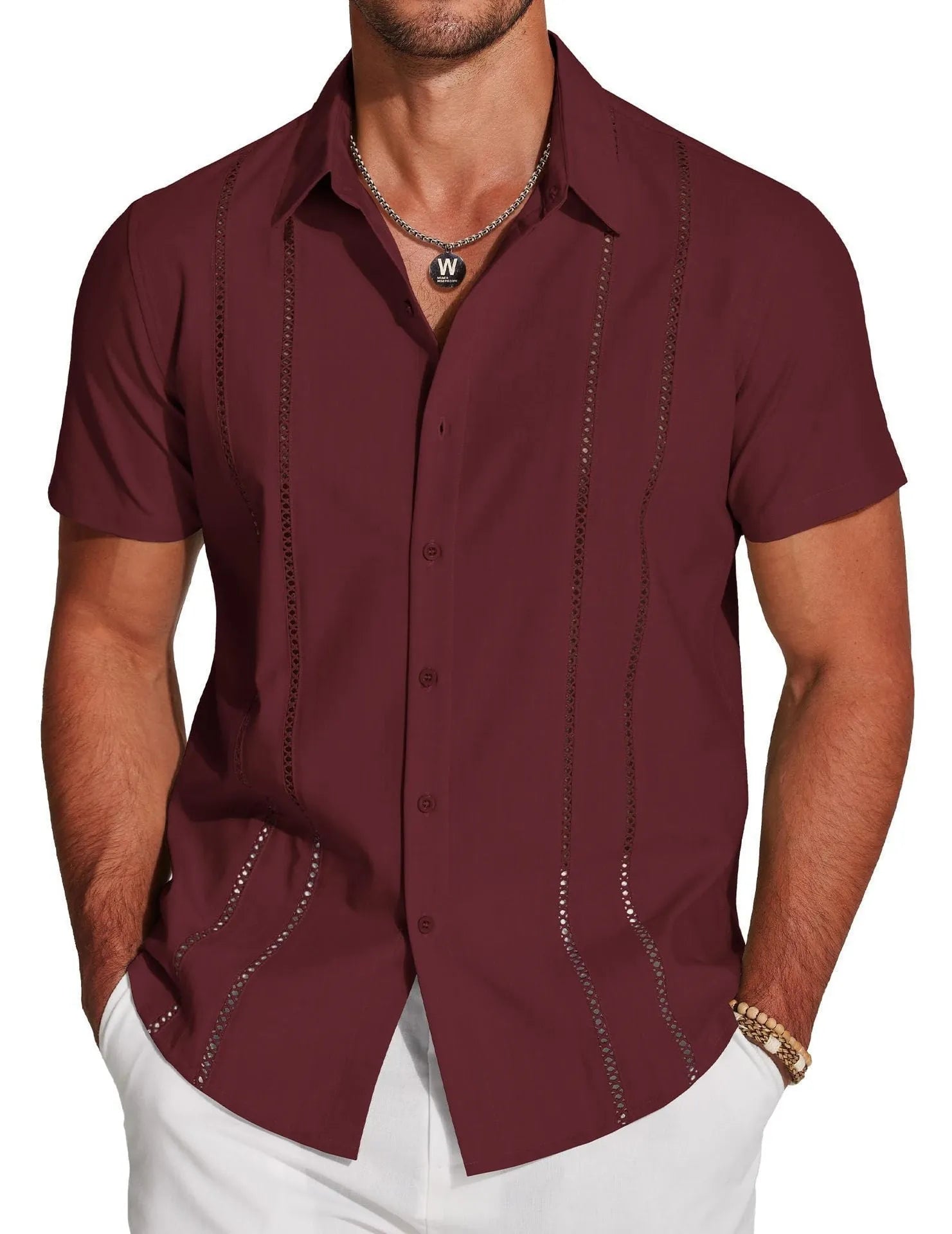 Men's slim fit cardigan-style Hawaiian short sleeve shirt with digital print pattern.