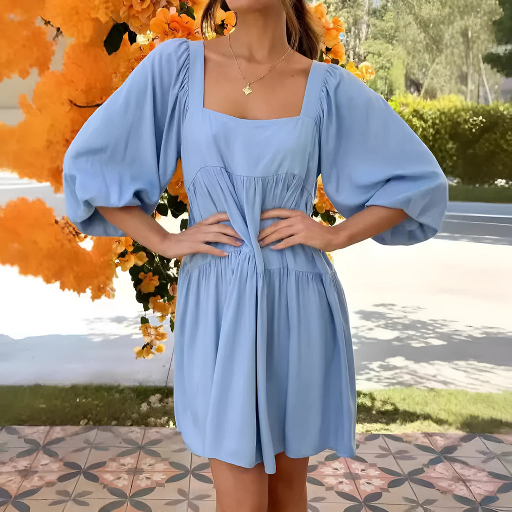 Children's backless dress with square collar and puff sleeves in solid colour A-line silhouette