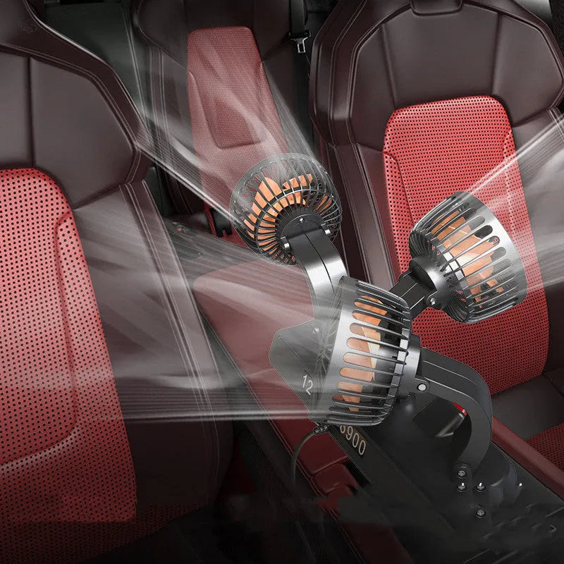 Three head automotive cooling fan with long cable for car dashboard or cabin use.