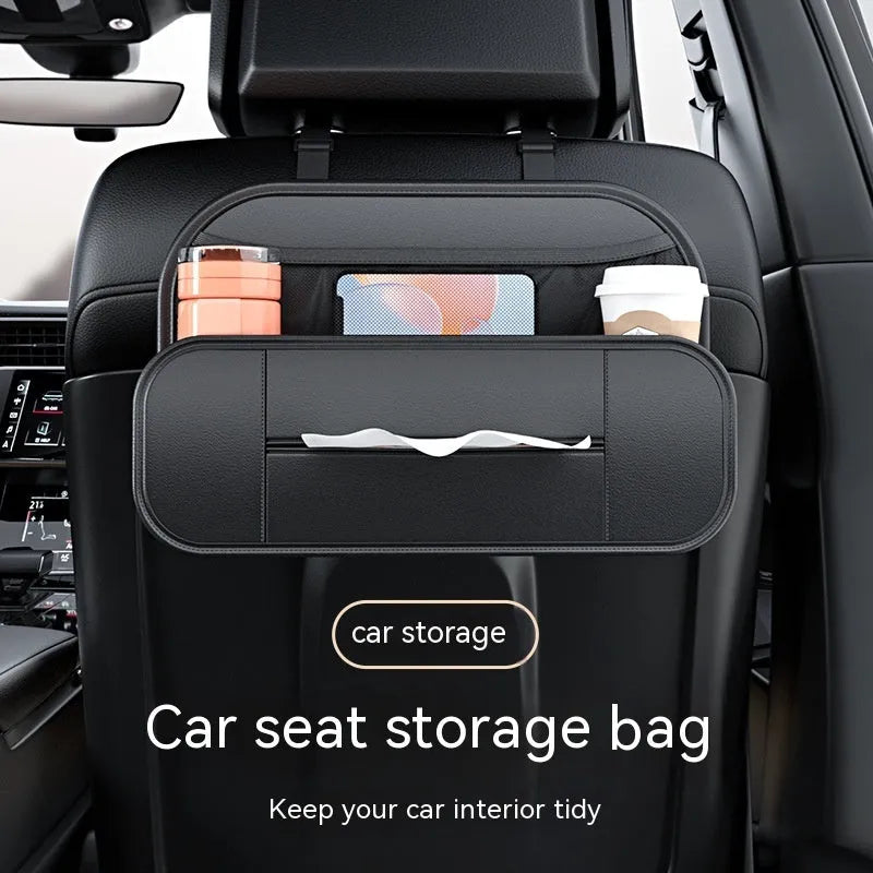 Black leather car seat storage bag with dimensions 36cm wide by 8cm tall by 24cm deep
